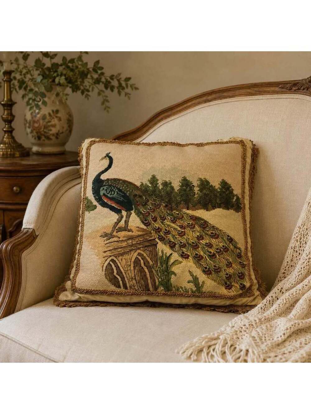 Vintage Peacock Needlepoint Tapestry Throw Pillow Gold Fringe Traditional Decor